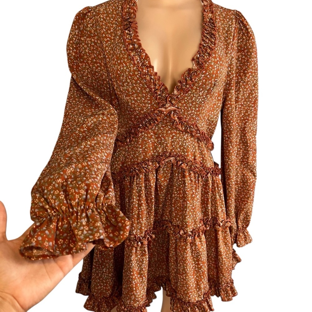 Lulu's Rust Floral Long Sleeve Ruffle Skater Dress - Picture 8 of 9
